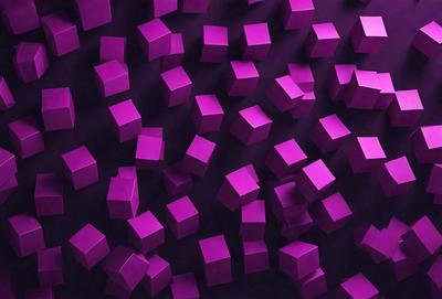 The primary subject of the image is a large number of purple cubes, which are arranged in a visually appealing manner. The setting is a dark background, which contrasts with the bright purple color of the cubes. The visual style of the image is a combination of digital art and illustration, creating a unique and eye-catching pattern. The dominant colors in the image are purple and black, giving the scene a bold and striking appearance.
