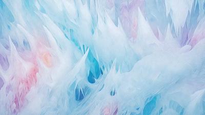 The primary subject of the image is a blue and white ice formation, which appears to be a frozen waterfall. The setting is a snowy mountain, and the visual style is a digital art or illustration. The dominant colors are blue and white, creating a cold and icy atmosphere.