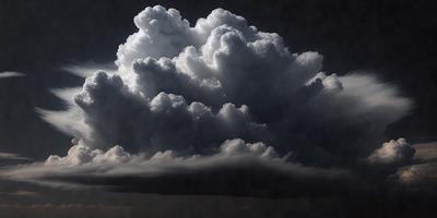 The primary subject of the image is a large, dark cloud with a dramatic, stormy appearance. The cloud is the main focus of the image, and it is set against a dark sky. The visual style of the image is a photo, capturing the cloud's impressive size and intensity. The colors and mood of the image are predominantly dark and ominous, creating a sense of foreboding or impending weather changes.