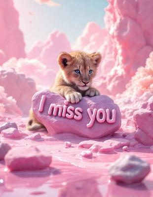 The image features a lion cub sitting on a pink rock, which is shaped like a heart. The lion cub appears to be looking at the camera, and the rock has the words "I miss you" written on it. The scene is set in a pink and white environment, giving it a playful and whimsical atmosphere. The visual style of the image is a combination of photo and digital art, creating a unique and eye-catching composition.