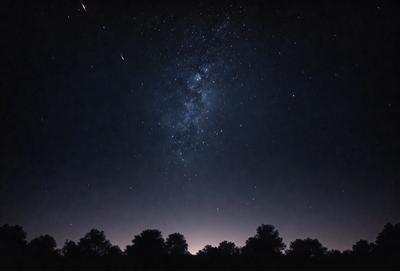 The primary subject of the image is the night sky filled with stars. The setting is a dark, nighttime environment with trees in the background. The visual style is a photo of the night sky, capturing the beauty of the stars and the tranquility of the night. The colors and mood of the image are predominantly dark, with the stars providing a bright and luminous contrast.