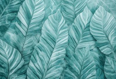 The image features a large, blue, leafy plant with a greenish tint. The plant is displayed in a pattern, with multiple leaves arranged in a visually appealing manner. The leaves are large and have a distinctive texture, giving the scene a lush and vibrant appearance. The overall atmosphere of the image is serene and natural, with the blue and green hues creating a calming effect.