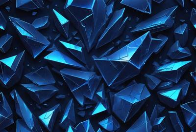 The primary subject of the image is a large collection of blue crystals, which are arranged in a visually appealing manner. The setting is a dark background, which contrasts with the bright blue crystals. The visual style is a digital art or illustration, as the crystals are depicted in a detailed and intricate manner. The colors and mood of the image are predominantly blue, creating a sense of calmness and serenity.