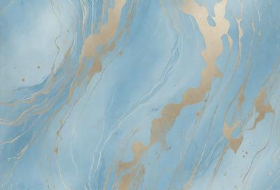 The primary subject of the image is a blue and gold marbled wallpaper. The setting is a room with a blue and gold marbled wallpapered wall. The visual style is a patterned wallpaper, and the colors and mood are a combination of blue and gold, creating a luxurious and elegant atmosphere.