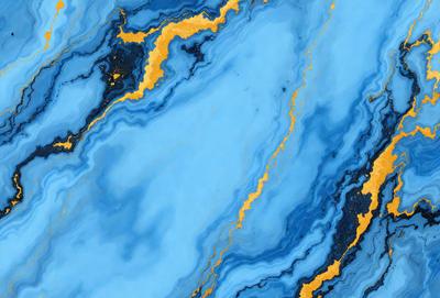The primary subject of the image is a blue and yellow marbled stone. The setting is a blue and yellow marbled stone wall. The visual style is a close-up of the marbled stone. The colors and mood of the image are vibrant and lively, with the blue and yellow colors creating a striking contrast.