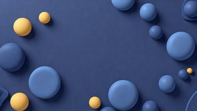 The primary subject of the image is a blue background with a variety of blue, yellow, and orange balls scattered across it. The setting appears to be a space or a room with a blue wall. The visual style of the image is a combination of digital art and illustration, creating a vibrant and colorful scene. The dominant colors in the image are blue, yellow, and orange, giving the scene a lively and energetic atmosphere.