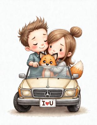 The primary subject of the image is a couple sitting in a car, with a dog between them. The setting is a car, and the visual style is an illustration or drawing. The colors are warm and inviting, creating a cozy and affectionate atmosphere.