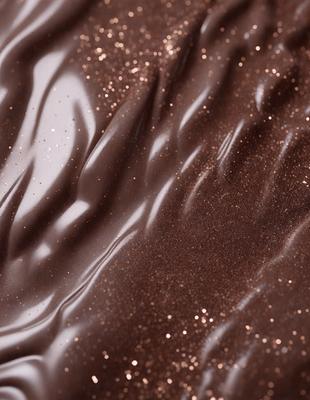 The primary subject of the image is a close-up of a chocolate-colored substance, possibly a chocolate sauce or a chocolate-flavored dessert. The setting is a table, and the visual style appears to be a close-up of the chocolate, possibly a photo or a digital artwork. The colors and mood of the image are predominantly dark, with the chocolate being the main focus.