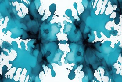 The primary subject of the image is a blue and white painting or drawing, featuring a pattern of dripped paint. The setting is a white background, and the visual style appears to be a mix of digital art and traditional painting. The colors and mood of the image are predominantly blue and white, creating a sense of calm and tranquility.