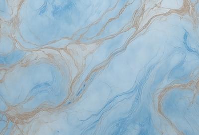 The primary subject of the image is a blue marble-like surface with a swirling pattern. The setting is a blue background, and the visual style appears to be a combination of a photo and a digital art or illustration. The dominant colors are blue and white, creating a calm and serene atmosphere.