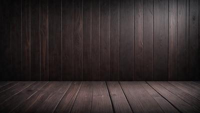 The primary subject of the image is a wooden wall. The setting is a room with a wooden floor. The visual style is a photo, and the colors and mood are dark and moody.