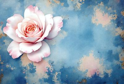 The primary subject of the image is a single pink rose. The rose is placed against a blue background, which adds a sense of depth and contrast to the scene. The visual style of the image is a close-up of the rose, emphasizing its delicate petals and intricate details. The colors in the image are predominantly pink, which creates a warm and romantic atmosphere.