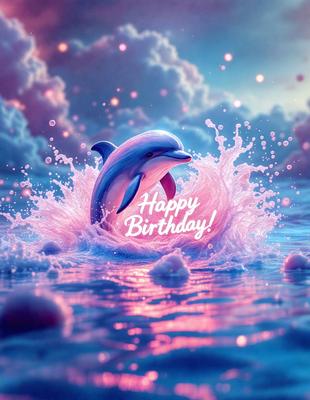 The primary subject of the image is a happy birthday message. The setting is a pink and blue ocean, with a dolphin swimming in the water. The visual style is a digital art or illustration, creating a whimsical and joyful atmosphere. The dominant colors are pink and blue, which are often associated with celebrations and happiness.