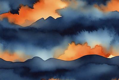 The primary subject of the image is a mountain range, with a sky background. The visual style is a painting or drawing, featuring a colorful and vibrant atmosphere. The colors and mood of the image are predominantly warm and inviting, with the mountain range and sky creating a sense of depth and beauty.