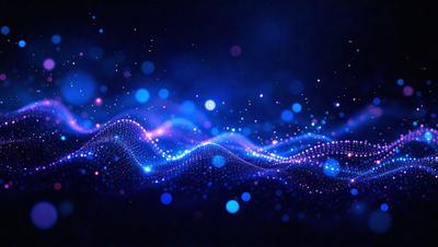 The primary subject of the image is a blue and purple light pattern, which appears to be a digital art or illustration. The setting is a dark background, and the visual style is a combination of digital art and light patterns. The colors and mood of the image are predominantly blue and purple, creating a calm and serene atmosphere.
