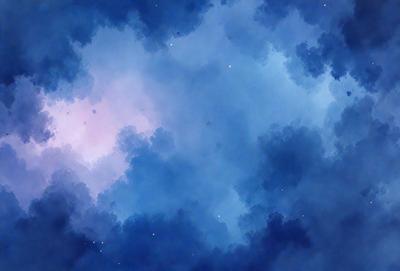 The primary subject of the image is a blue sky filled with clouds. The setting is a nighttime sky, with the clouds creating a beautiful backdrop. The visual style is a combination of a photo and digital art, as the image appears to be a painting of the night sky. The colors and mood of the image are predominantly blue, creating a serene and peaceful atmosphere.