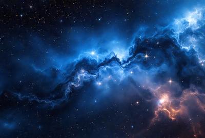 The primary subject of the image is a blue nebula, which is a cloud of gas and dust in space. The setting is a dark, star-filled sky, with the nebula being the main focus of the image. The visual style is a combination of a photo and digital art, creating a unique and captivating representation of the nebula. The colors and mood of the image are predominantly dark and dramatic, with the blue nebula standing out against the backdrop of the star-filled sky
