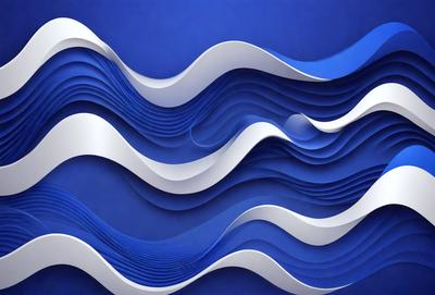 The primary subject of the image is a large, blue, wavy sculpture or artwork. The setting is a blue background, which complements the sculpture's color. The visual style appears to be a combination of digital art and illustration, creating a unique and eye-catching design. The colors and mood of the image are predominantly blue, which adds to the overall atmosphere and aesthetic appeal.