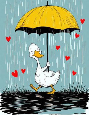 The primary subject of the image is a cartoon duck holding an umbrella. The duck is walking in the rain, and the umbrella is yellow. The setting is a rainy day, and the visual style is a cartoon illustration. The colors are predominantly dark, with the yellow umbrella being the most prominent color. The mood of the image is one of playfulness and whimsy.