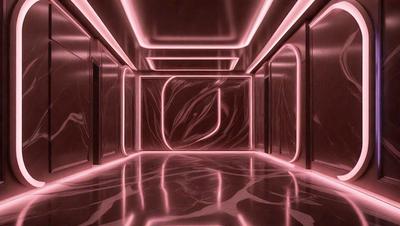 The primary subject of the image is a hallway with a pink lighting effect. The setting is a dark room with a patterned wall, giving the space a unique and artistic appearance. The visual style is a combination of photo and digital art, creating a surreal and intriguing atmosphere. The colors and mood are predominantly pink, which adds a sense of warmth and creativity to the scene.