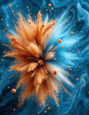 The primary subject of the image is a large, colorful explosion, which appears to be a digital art or illustration. The setting is a blue background, and the visual style is a combination of colors and patterns. The dominant colors are blue and orange, creating a vibrant and energetic atmosphere. The overall mood of the image is dynamic and exciting, as the explosion bursts into the blue background.