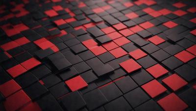 The primary subject of the image is a large, intricate pattern made up of red and black squares. The pattern is displayed on a black background, giving it a striking visual effect. The setting appears to be a textured surface, possibly a carpet or a wallpaper, which adds to the overall atmosphere of the image. The visual style of the image is a combination of digital art and illustration, creating a unique and eye-catching design.