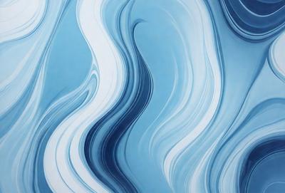 The primary subject of the image is a blue and white painting of a wave. The setting is a blue background, and the visual style appears to be a digital art or illustration. The dominant colors are blue and white, creating a calm and serene atmosphere.