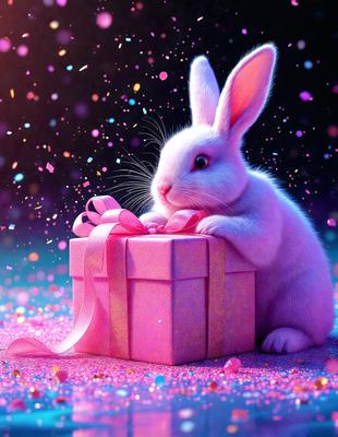 The primary subject of the image is a small white rabbit sitting in front of a pink box. The setting appears to be a colorful and vibrant environment, possibly a fantasy or whimsical scene. The visual style of the image is a combination of photo and digital art, creating a unique and eye-catching presentation. The dominant colors in the image are pink and white, giving the scene a cheerful and playful atmosphere.