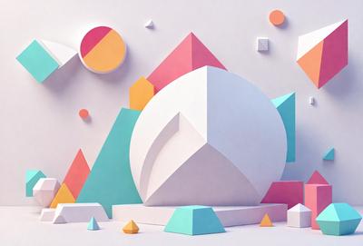 The primary subject of the image is a large, white, three-dimensional geometric shape, which appears to be a cube or a sphere. The setting is a white wall, and the visual style is digital art. The colors and mood of the image are predominantly white and blue, giving it a clean and calming atmosphere.