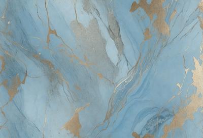 The primary subject of the image is a blue marble wall with gold accents. The setting is a room with a blue marble wall as the main focus. The visual style is a combination of a photo and digital art, creating a unique and intricate design. The dominant colors are blue and gold, giving the wall a luxurious and elegant appearance.