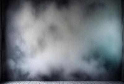 The primary subject of the image is a cloudy sky. The setting is a dark room with a cloudy sky visible in the background. The visual style is a painting, which creates a moody and dramatic atmosphere. The dominant colors are shades of gray and black, which contribute to the overall mood of the scene.