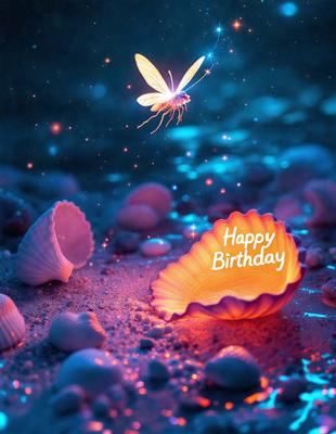 The primary subject of the image is a birthday cake, which is placed on a sandy surface. The cake is decorated with shells and has a pink and orange color scheme. The setting appears to be a beach or a similar environment, with a blue sky visible in the background. The visual style of the image is a combination of photo and digital art, creating a unique and eye-catching presentation. The overall atmosphere of the image is celebratory and joyful, as it captures the essence of a birth
