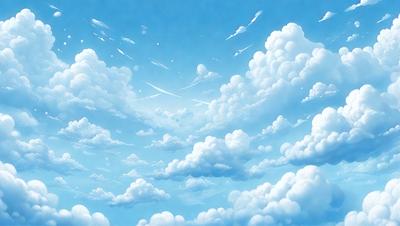 The primary subject of the image is a beautiful, cloudy blue sky filled with white clouds. The setting is a vast, open space with no visible landmarks or objects. The visual style is a combination of digital art and illustration, creating a sense of depth and movement in the clouds. The colors and mood are predominantly blue and white, giving the scene a serene and peaceful atmosphere.