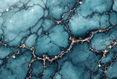 The primary subject of the image is a blue and gold marbled surface, which appears to be a wall or a piece of art. The setting is a room with a blue and gold marbled wall, and the visual style is a close-up of the marbled surface. The colors and mood of the image are predominantly blue and gold, creating a warm and luxurious atmosphere.