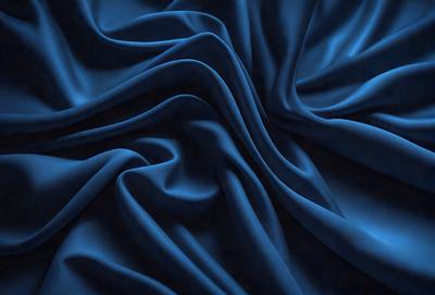 The primary subject of the image is a blue fabric, which appears to be a piece of cloth or a curtain. The setting is a dark room, and the visual style is a close-up of the blue fabric. The colors and mood of the image are predominantly dark and moody, with the blue fabric being the main focus.