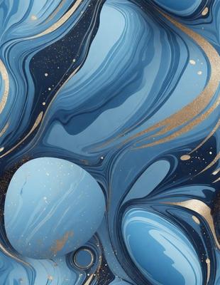 The primary subject of the image is a blue and gold vase with a swirling design. The vase is placed on a blue surface, which adds to the overall visual style of the image. The colors and mood of the image are predominantly blue and gold, creating a sense of elegance and sophistication.