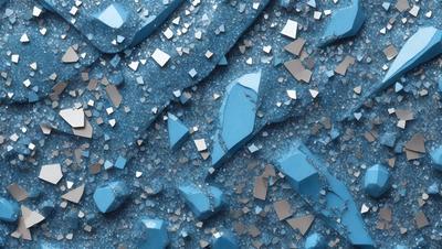 The primary subject of the image is a blue background with a pattern of blue and white glittery rocks. The setting is a blue surface, possibly a wall or a table, with the glittery rocks scattered across it. The visual style appears to be a combination of a photo and digital art, as the glittery rocks have a textured and shiny appearance. The colors and mood of the image are predominantly blue and white, creating a calm and serene atmosphere.