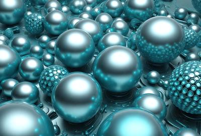 The primary subject of the image is a large number of blue and silver spheres, which are arranged in a visually appealing manner. The setting is a blue background, which complements the colors of the spheres. The visual style is a combination of digital art and illustration, creating a unique and eye-catching pattern. The colors and mood of the image are predominantly blue and silver, giving it a calm and serene atmosphere.