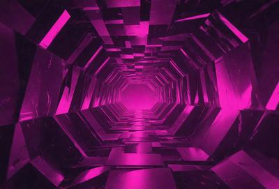 The primary subject of the image is a tunnel-like structure with a purple lighting effect. The setting is a dark, enclosed space with a pinkish glow. The visual style is a combination of digital art and illustration, creating a unique and intriguing atmosphere. The colors and mood are predominantly purple, giving the scene a mysterious and captivating vibe.
