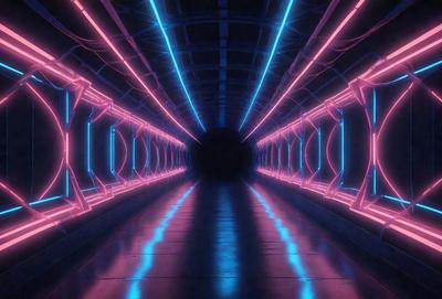 The primary subject of the image is a long, narrow tunnel with a blue and pink lighting effect. The tunnel appears to be made of metal, and the lighting creates a unique atmosphere. The setting is a dark, enclosed space, and the visual style is a combination of photo and digital art. The dominant colors are blue and pink, creating a vibrant and visually striking scene.