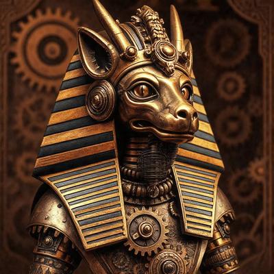 The primary subject of the image is a gold statue of a dog wearing a crown. The statue is positioned in front of a clock, which serves as the setting or background of the scene. The visual style of the image is a combination of digital art and illustration, creating a unique and intricate design. The colors and mood of the image are predominantly gold and royal, giving the statue a sense of grandeur and importance.
