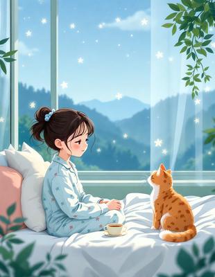 The primary subject of the image is a young girl sitting on a bed, accompanied by a cat. The setting is a cozy bedroom, with a window nearby. The visual style is a combination of digital art and illustration, creating a warm and inviting atmosphere. The colors are predominantly soft and pastel, with the girl's pajamas and the cat's fur being the main focus. The overall mood of the image is one of comfort and relaxation.