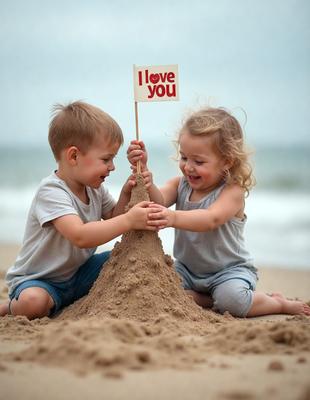 The primary subject of the image is a young boy and a young girl playing together on a sandy beach. They are both smiling and enjoying their time together. The setting is a beach with sand, and the visual style is a photo. The colors and mood of the image are warm and cheerful, as the children are having a great time in the sun.