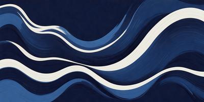 The primary subject of the image is a blue and white wave, which is the main focus of the scene. The setting is a dark blue background, creating a contrasting and dramatic effect. The visual style is a combination of digital art and illustration, as the wave is depicted in a detailed and artistic manner. The dominant colors are blue and white, giving the image a calm and serene atmosphere.