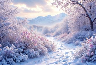 The primary subject of the image is a snowy path surrounded by snow-covered trees and bushes. The setting is a mountainous area with a beautiful, serene atmosphere. The visual style is a photo, capturing the natural beauty of the winter landscape. The dominant colors are white, pink, and purple, creating a peaceful and tranquil mood.