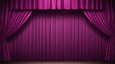 The primary subject of the image is a purple curtain, which is hanging in front of a stage. The setting is a theater or a stage, and the visual style is a digital art or illustration. The dominant colors in the image are purple and pink, creating a warm and inviting atmosphere.