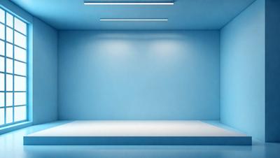 The primary subject of the image is a large, empty room with a blue wall. The setting is a white room with a blue wall, and the visual style is a photo. The room appears to be a large, empty space with a blue wall, and the colors and mood are predominantly blue, creating a calm and serene atmosphere.