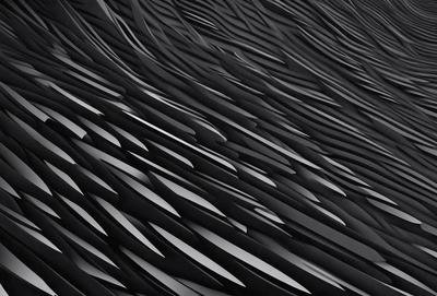 The primary subject of the image is a black and white patterned surface, which appears to be a close-up of a textured wall. The setting is a black background, which contrasts with the patterned surface. The visual style is a combination of a photo and a digital art, illustration, or drawing. The dominant colors are black and white, creating a moody and dramatic atmosphere.
