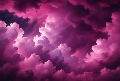 The primary subject of the image is a purple cloudy sky with a pink hue. The setting is a cloudy sky, and the visual style appears to be a digital art or illustration. The colors and mood of the image are predominantly purple and pink, creating a serene and calming atmosphere.