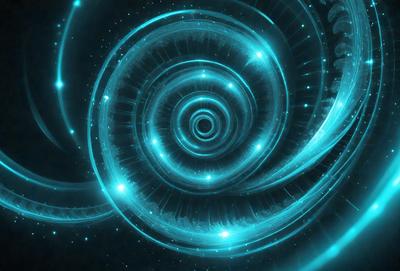 The primary subject of the image is a spiral-shaped blue object, which appears to be a digital art or illustration. The setting is a dark, starry background, creating a sense of depth and mystery. The visual style is a combination of digital art and illustration, with the spiral-shaped object being the main focus. The colors and mood of the image are predominantly blue, with a sense of calmness and intrigue.